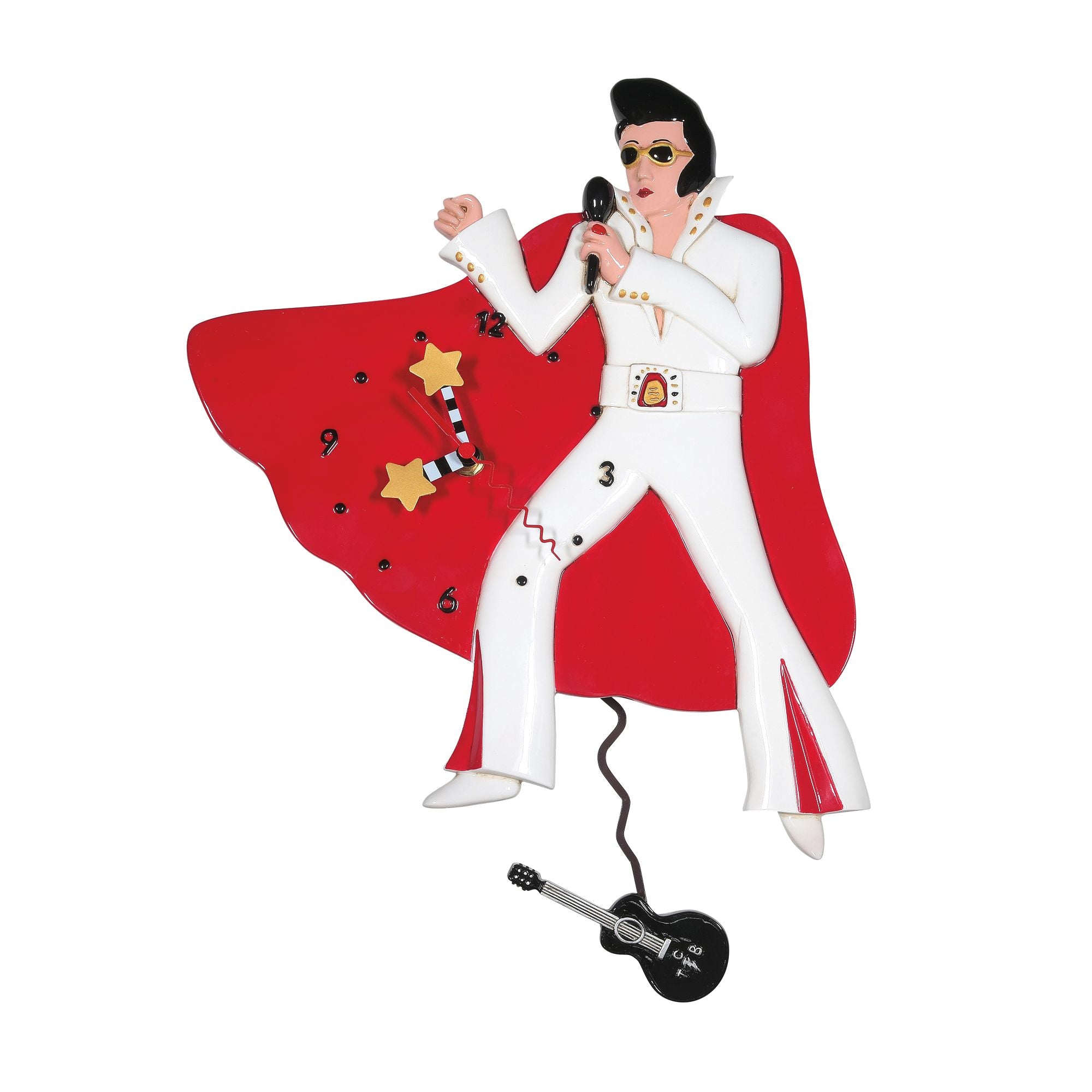 A novelty wall clock featuring a figurine of Elvis Presley in a white jumpsuit and red cape, holding a microphone, with a guitar pendulum.