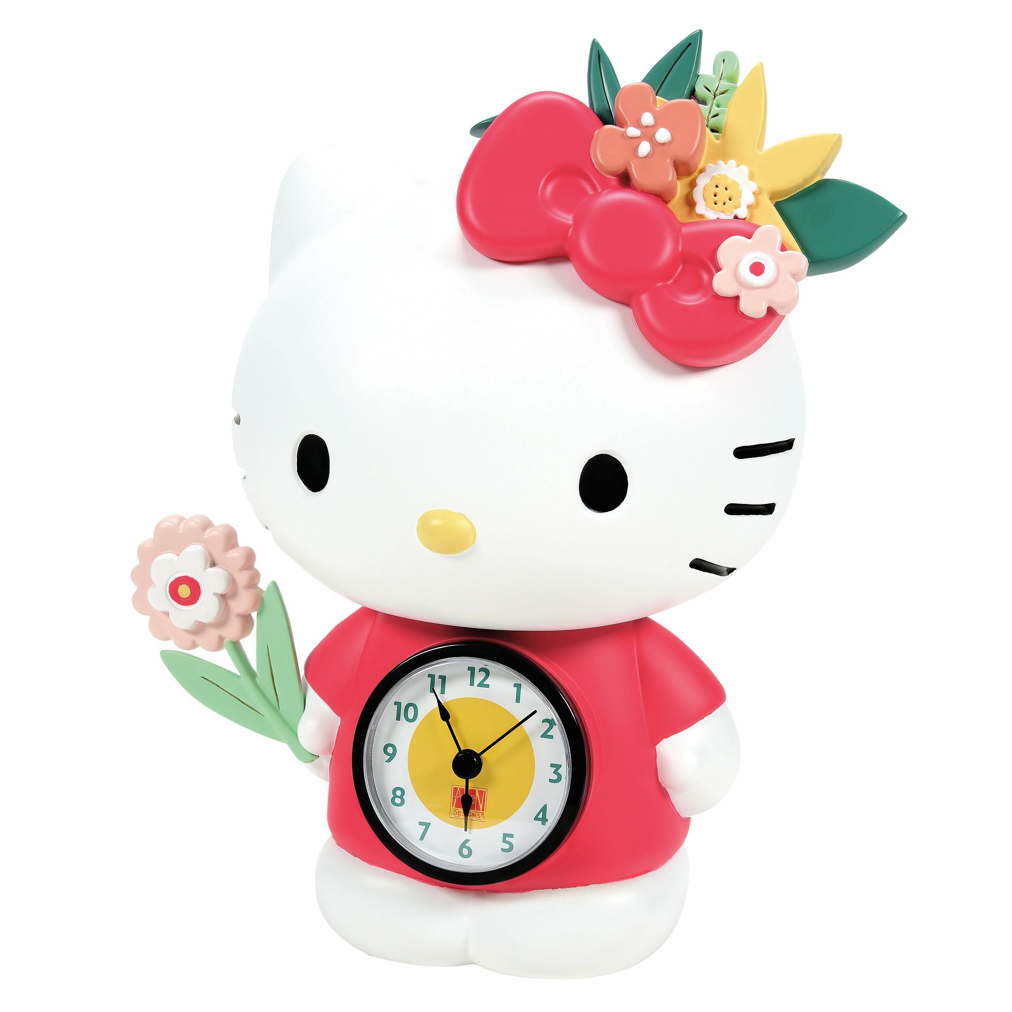 A Hello Kitty desk clock with a floral design on her head, a clock face on her shirt, and a red bow.