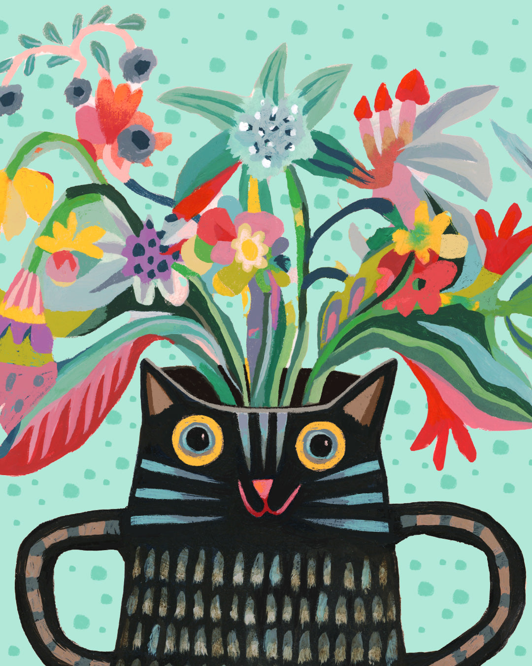 Painting of a black cat vase filled with flowers.